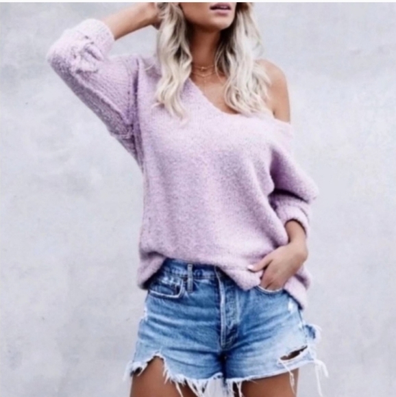 Free People Lofty V Neck Lilac Boucle Alpaca Knit Oversized Sweater Size S - Picture 1 of 8